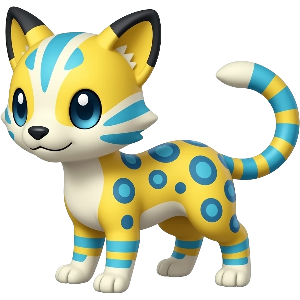 Colorful Meloetta-Sergal-Snow-Leopard-Civet-Genet-Pokémon-Digimon-Fakémon-fusion-hybrid-creature with Cyan stripes and blue leopard-spot-markings emoji