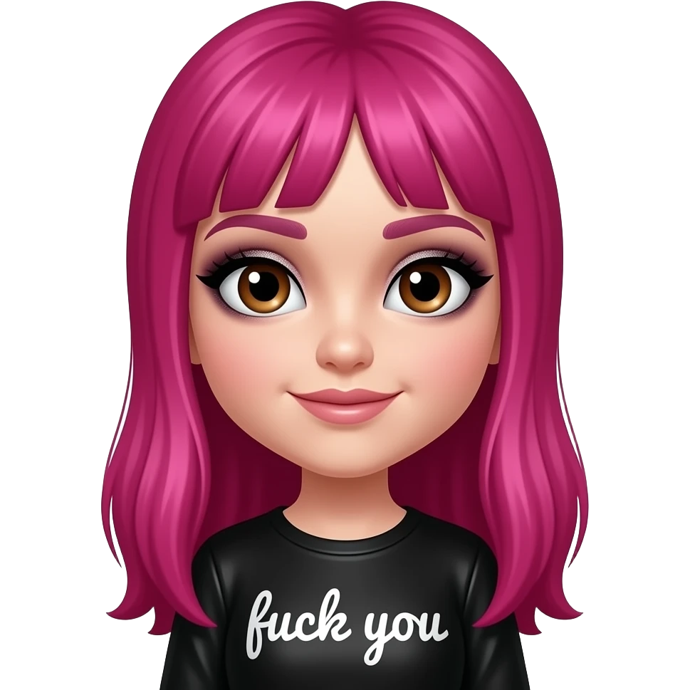 Cute face Hazelnut eyes A white girl black glittery smoky eye make up magenta, hair, long hair, black top with “fuck you” on it and leather black sweater emoji