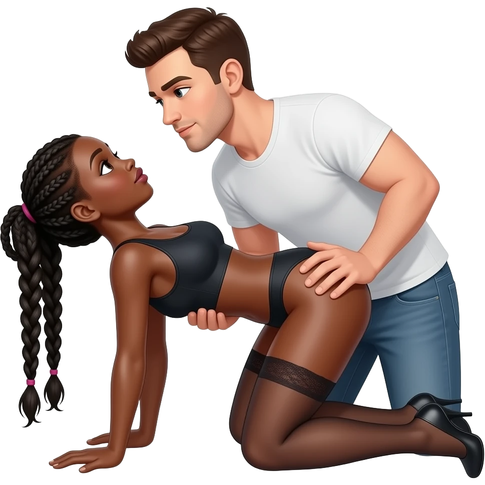 Dark skin Black girl with braids in sex position with back arch very arched, white guy with brown hair behind her emoji