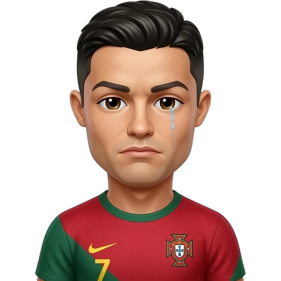 Cute man Cristiano Ronaldo, Portugal jersey, sad face, looking down, glossy 3D emoji sticker, white outline, transparent background, ultra detailed. emoji