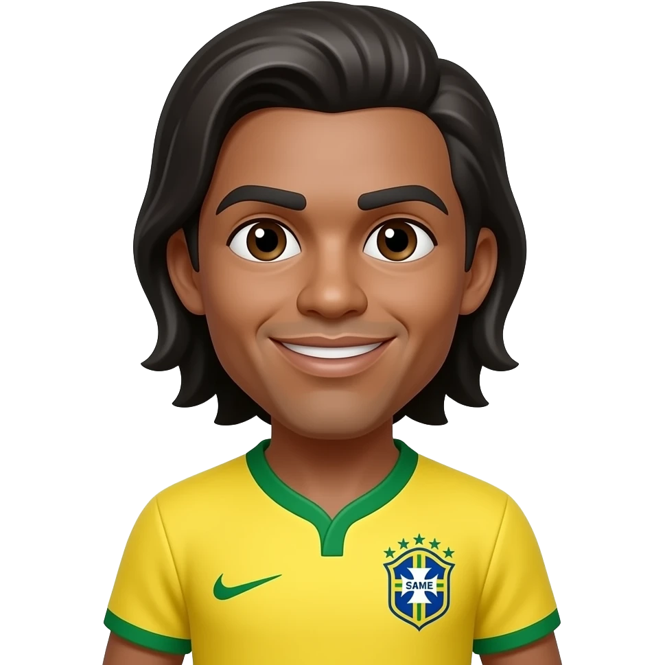 Ronaldinho emoji, SAME Brazil jersey, chest-up, centered, same hair and face, glossy 3D cartoon style, 0 ❤️ on character, colorful mobile puzzle style, no text. emoji