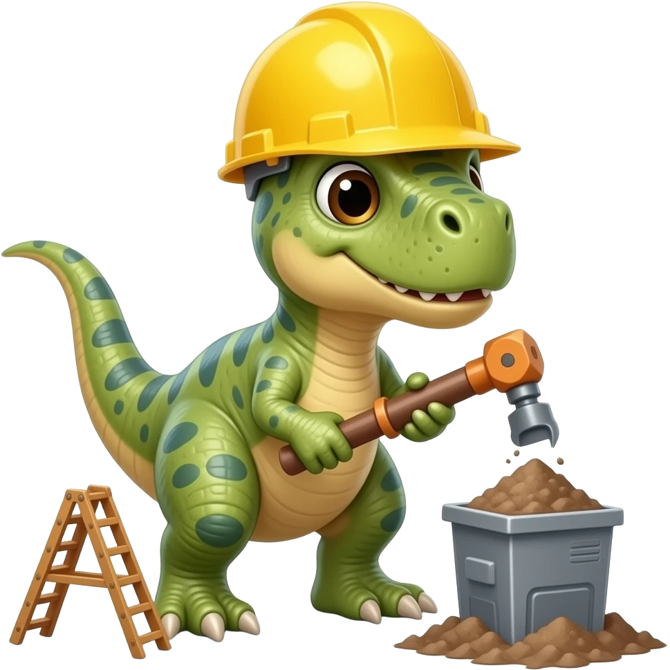Mini dinosaur wearing a yellow hard hat using construction equipment ...