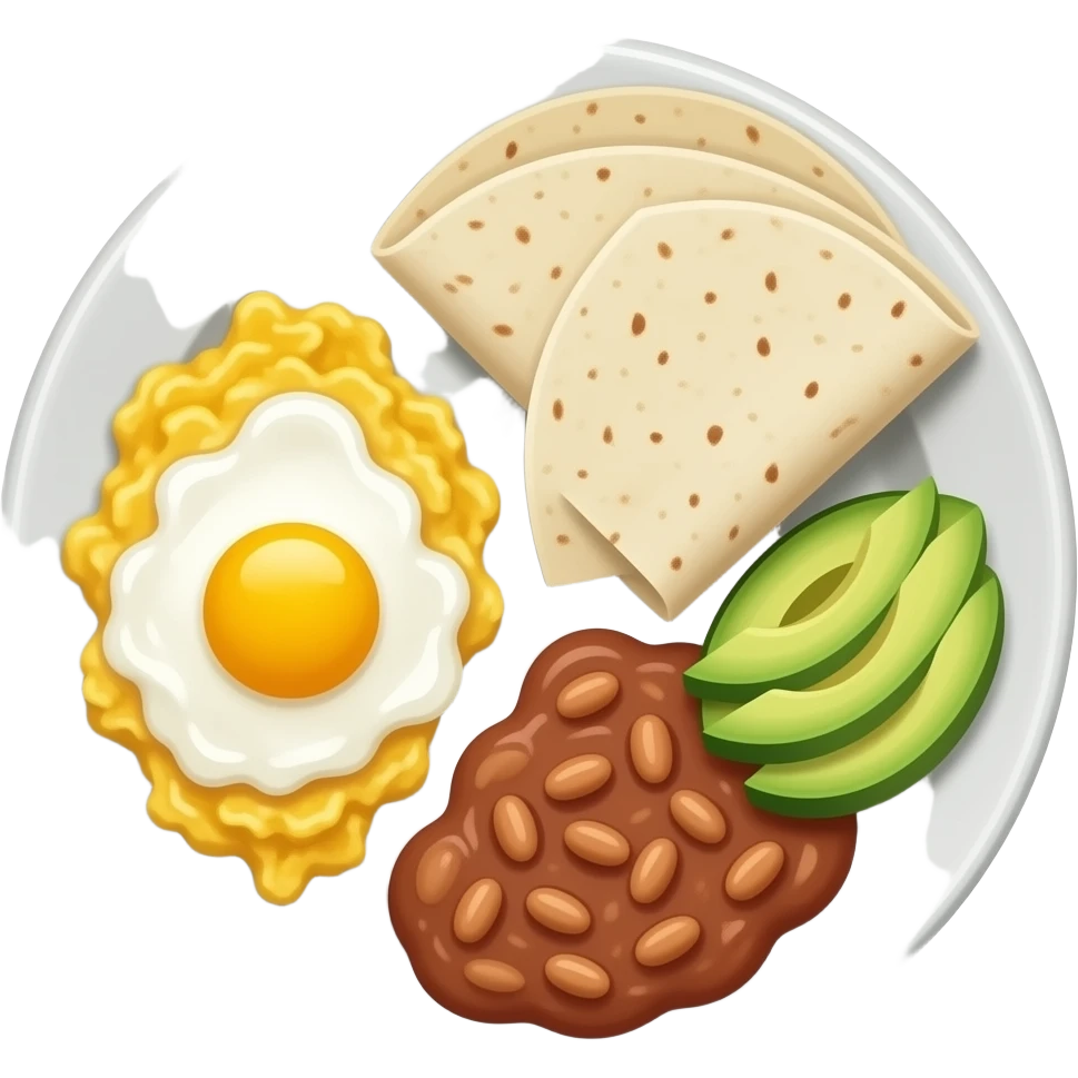 Breakfast platter on a plate with scrambled eggs, refried beans, sliced avocado, and two tortillas emoji
