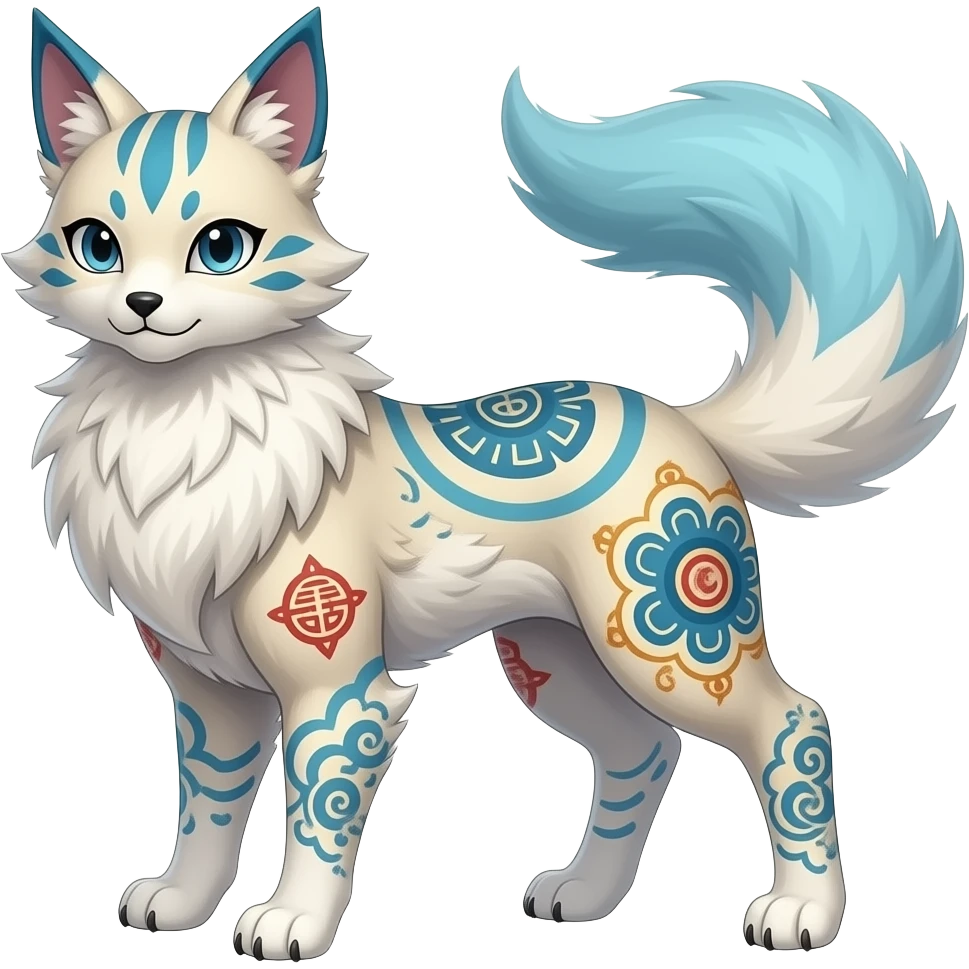 lanky fluffy fuzzy puffy tall elegant oriental feral painted Asian Absol-Glaceon-Sylveon-animal-Fakémon-fusion-hybrid-creature emoji