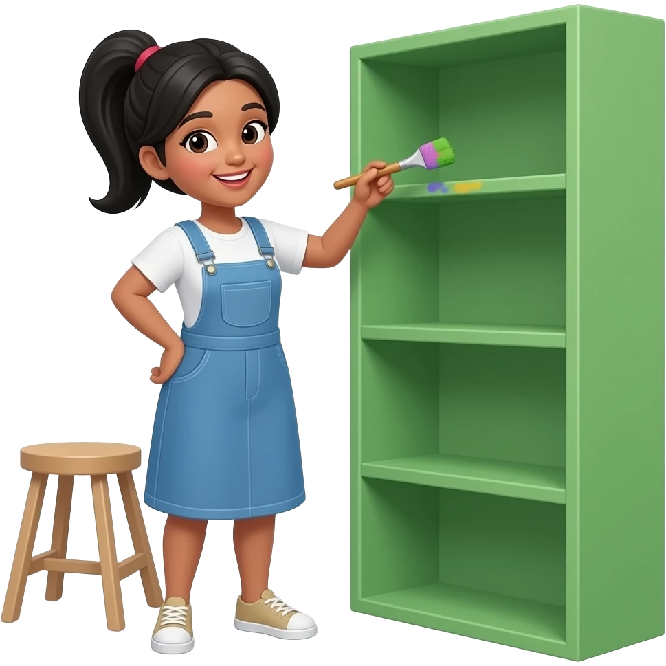 happy woman with black hair ponytail paint a bookshelf green emoji