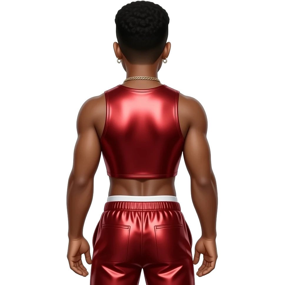Bobby Brown from behind with crimson metallic sweatshirt crop top, crimson metallic baggy joggers with white undies, shirtless with necklace and earrings emoji