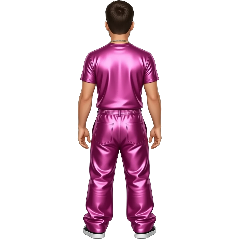 Robin Thicke from behind with hot pink metallic shirt, hot pink metallic saggy pants, necklace emoji