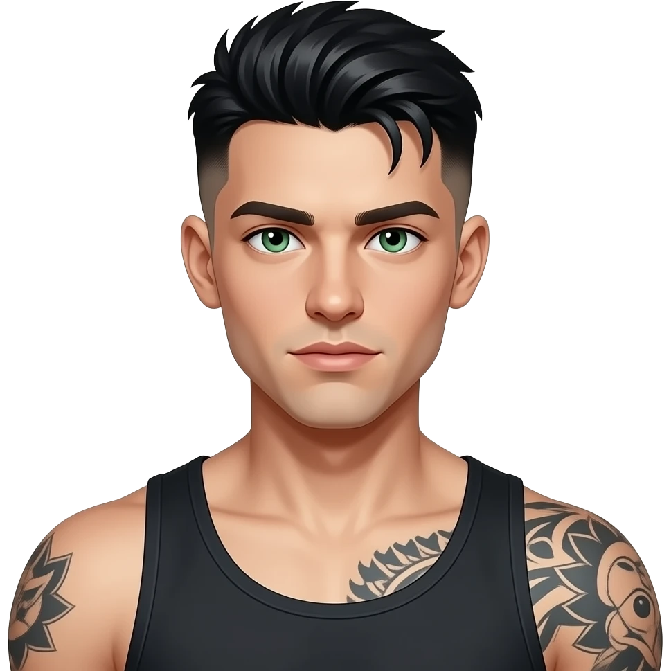 jeune gars mystérieux, cheveux noir de jais low taper fade, yeux verts, musclé, tatoué, peau très blanche blanche blanche très pâle emoji