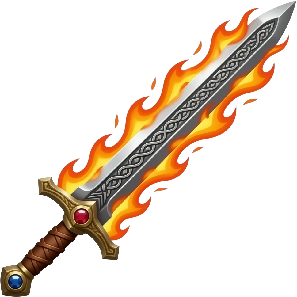 Realistic long thin flaming sword, Knight style sword, celtic runes engraved in the blade, wooden handle wrapped in leather, ruby gem at the hilt, realistic fire, pointed tip emoji