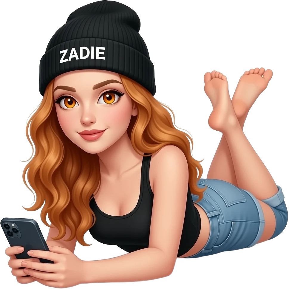 sexy girl with overlong wavy ginger hair and ginger eyes wearing a black tanktop and a black beanie with ZADIE written on it,  is lying on the floor and holds a cell phone emoji