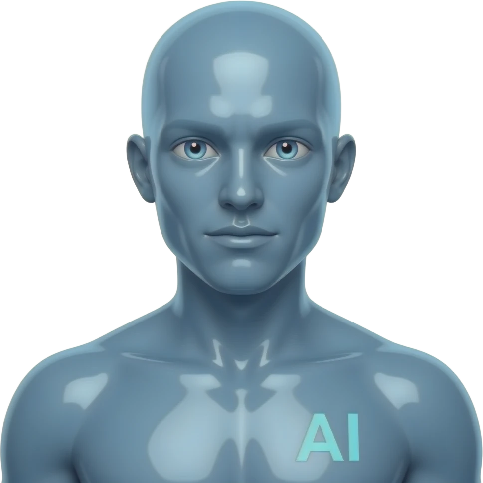 Erstelle eine sexy männliche Science-Fiction AI mit durchsichtiger blauer und glänzender Plastik artigen Haut, das Gesicht und Körper auch. er hat keine Augenbrauen und keine Haare. Ein AI Logo als Schrift leichten blau auf seiner rechten Brust und seine Augen leuchten  auch blau emoji