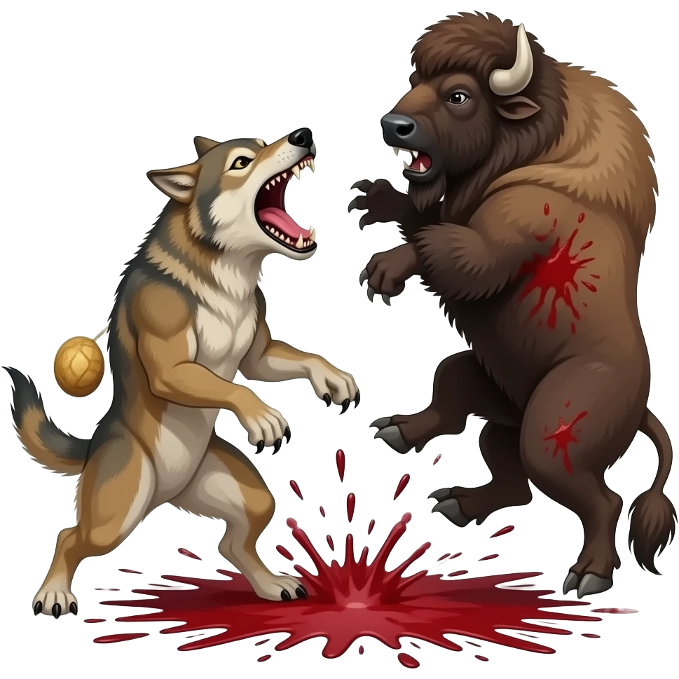 Smilodon vs dire wolfs vs bison with blood battle emoji