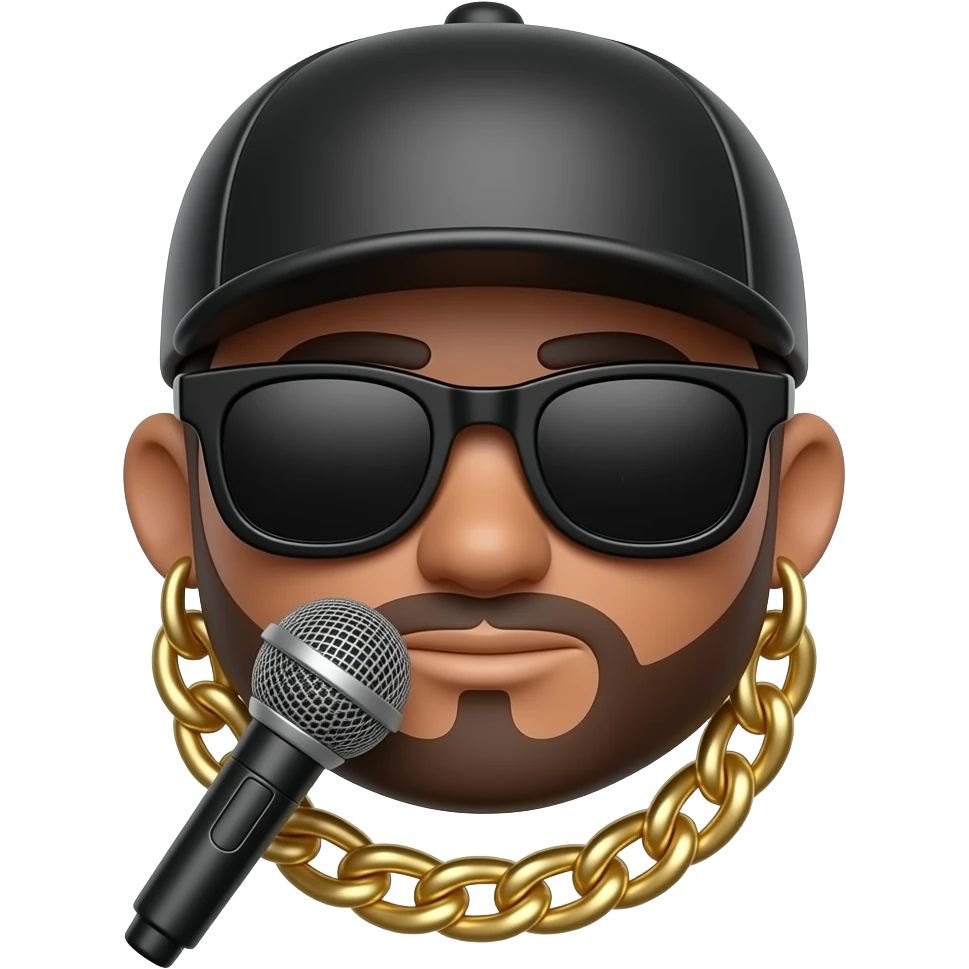 Cute 3D hip-hop emoji icon, black cap, sunglasses, gold chain, microphone, soft glossy rounded texture, clean white background, centered, minimal icon style. emoji