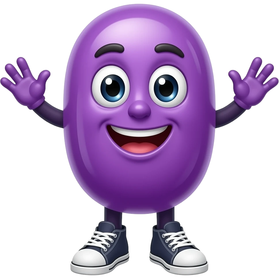 An anthropomorphic violet jelly bean with arms and legs, wearing sneakers emoji