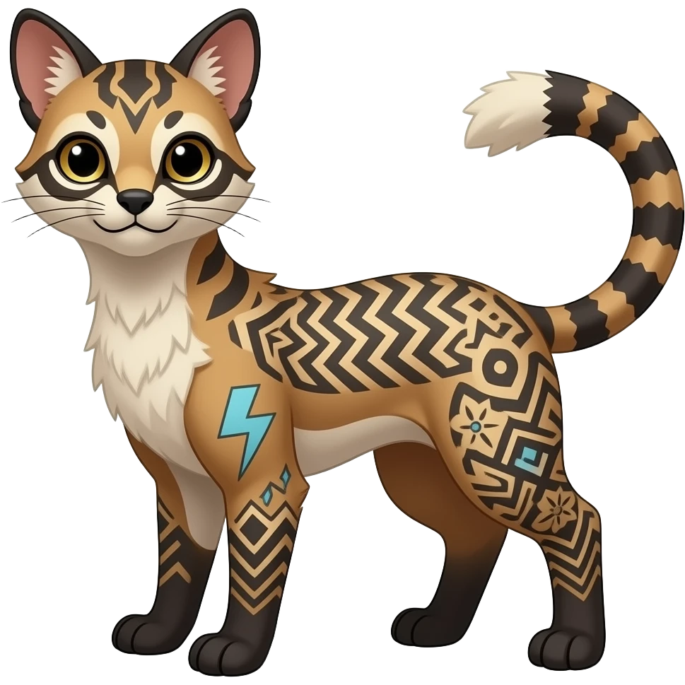 scaly spunky Realistic tall slim unique original shiny edgy cool fantasy-Civet-Absol-Sprigatito-Vaporeon-Fakémon-hybrid with tribal chevron heart floral lightning bolt strikes damask paisley markings emoji