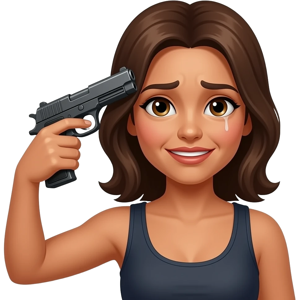 yellow female with brown hair emoji painful smile 😃 with holding 🔫 to side of head emoji