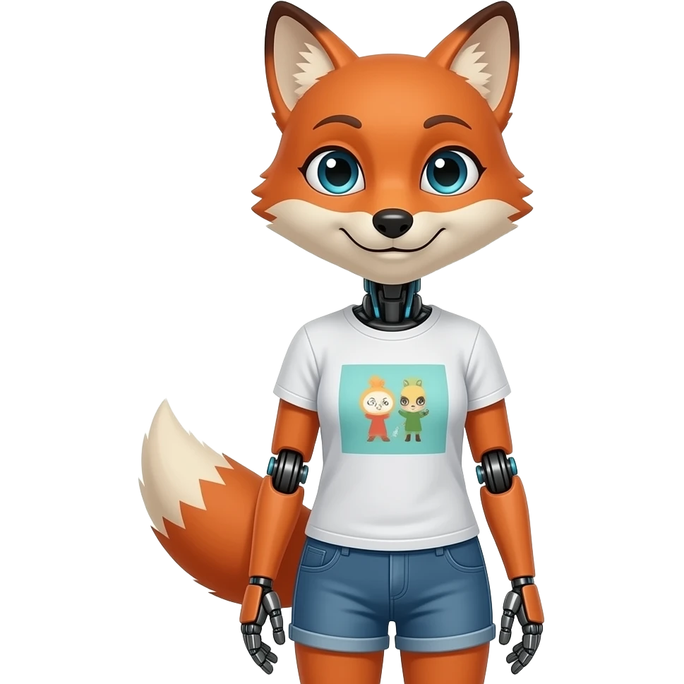 A humanoid robot female fox wearing a tee shirt and shorts emoji