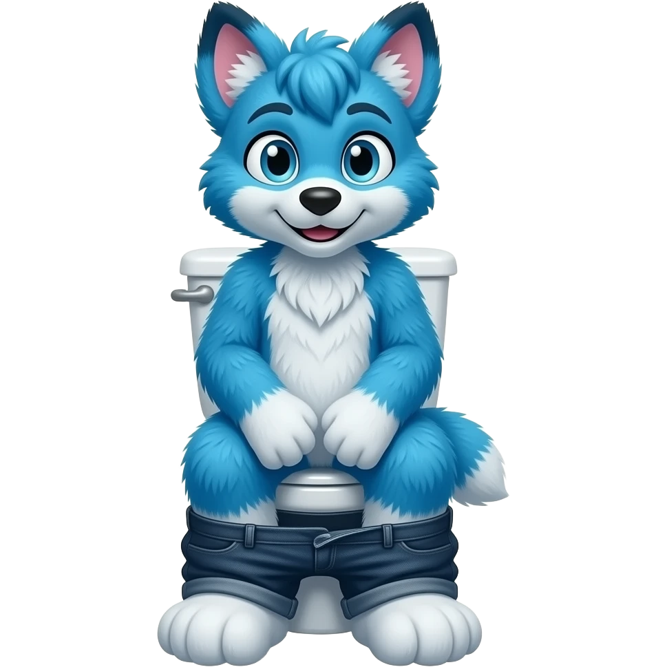 blue fursuit sitting on toilet, front view, pants down emoji