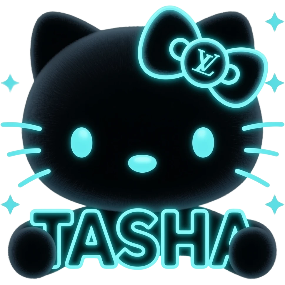 Glowing outlined black silver and neon 4D Velvet fur hello kitty head with the Louis Vuitton symbol on her gradient neon glowing bow with two front paws holding large 4D velvet textured glowing neon outlined letters TASHA surrounded with tiny glowing neon stars emoji