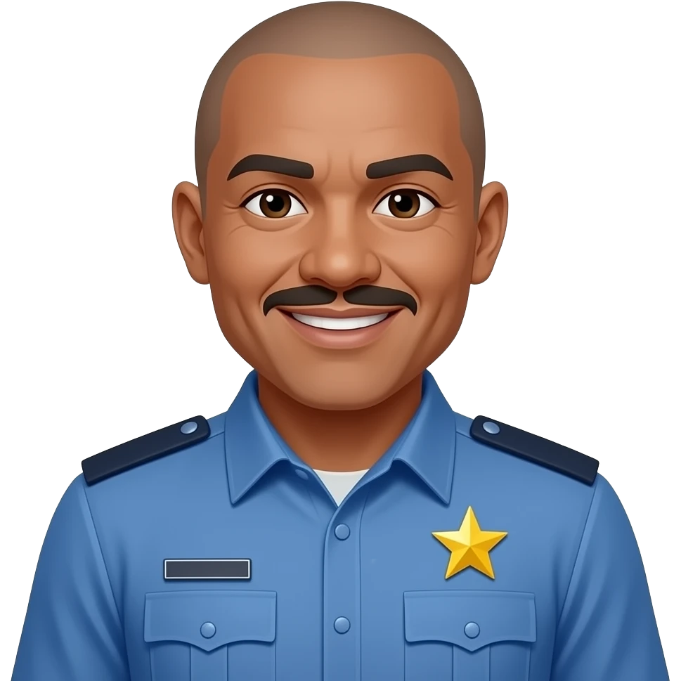 filipino police officer with dark skin, bald, pointed moustache, wearing long sleeve blue uniform with gold star, smiling, double chin emoji
