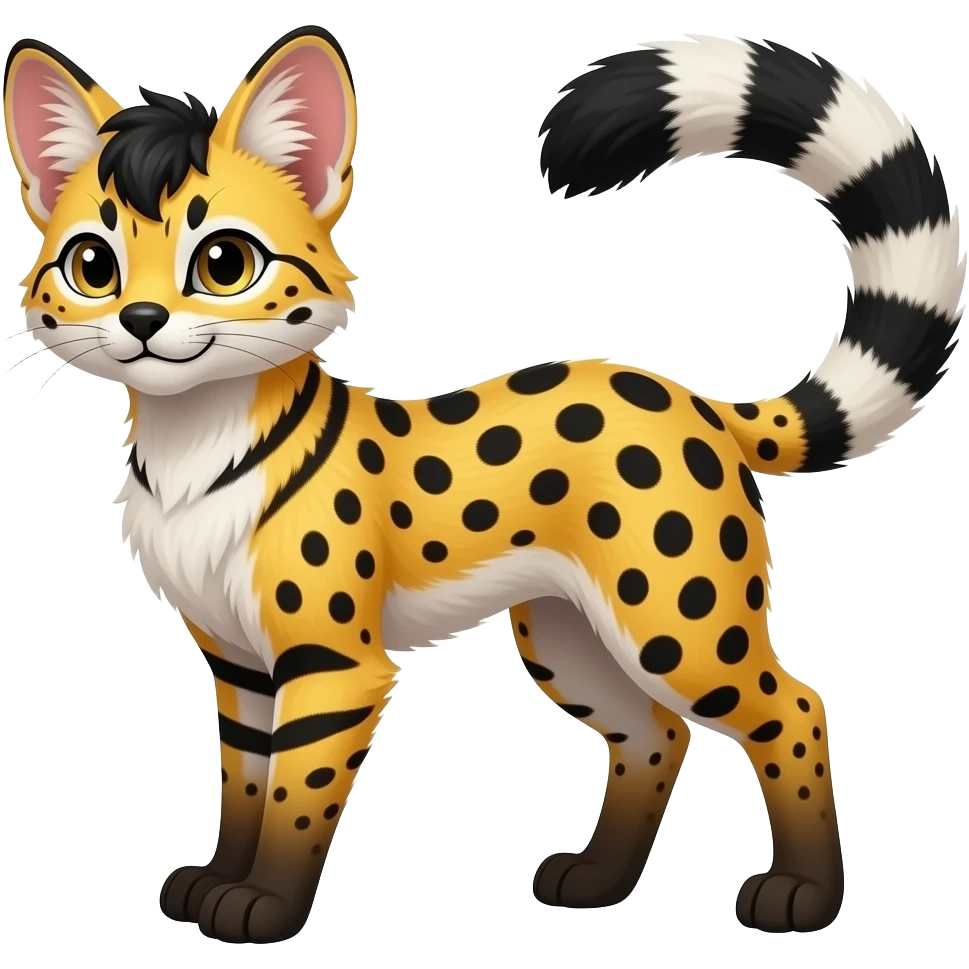 Lanky slender beautiful elegant spotted hype-realistic, black-maned, vibrant yellow Genet-Serval-Civet-fusion-hybrid-furry-fursona, full body, with a long puffy fluffy black-and-white-striped tail emoji