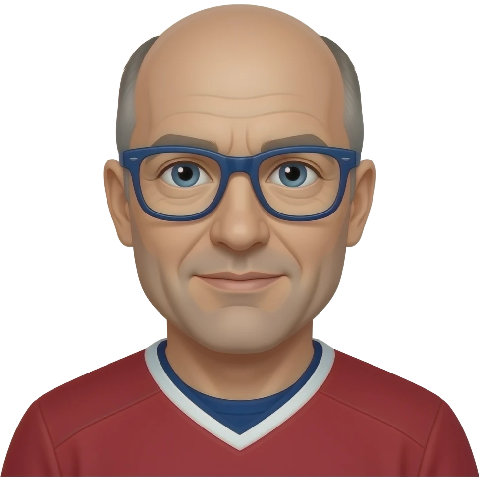Homme, yeux bleu gris, chauve, pintch, lunettes bleu marine, 50 ans, Canadiens de Montréal emoji
