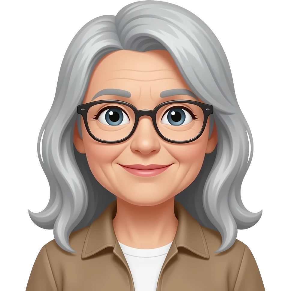 67 yr old woman with long grey hair and glasses emoji