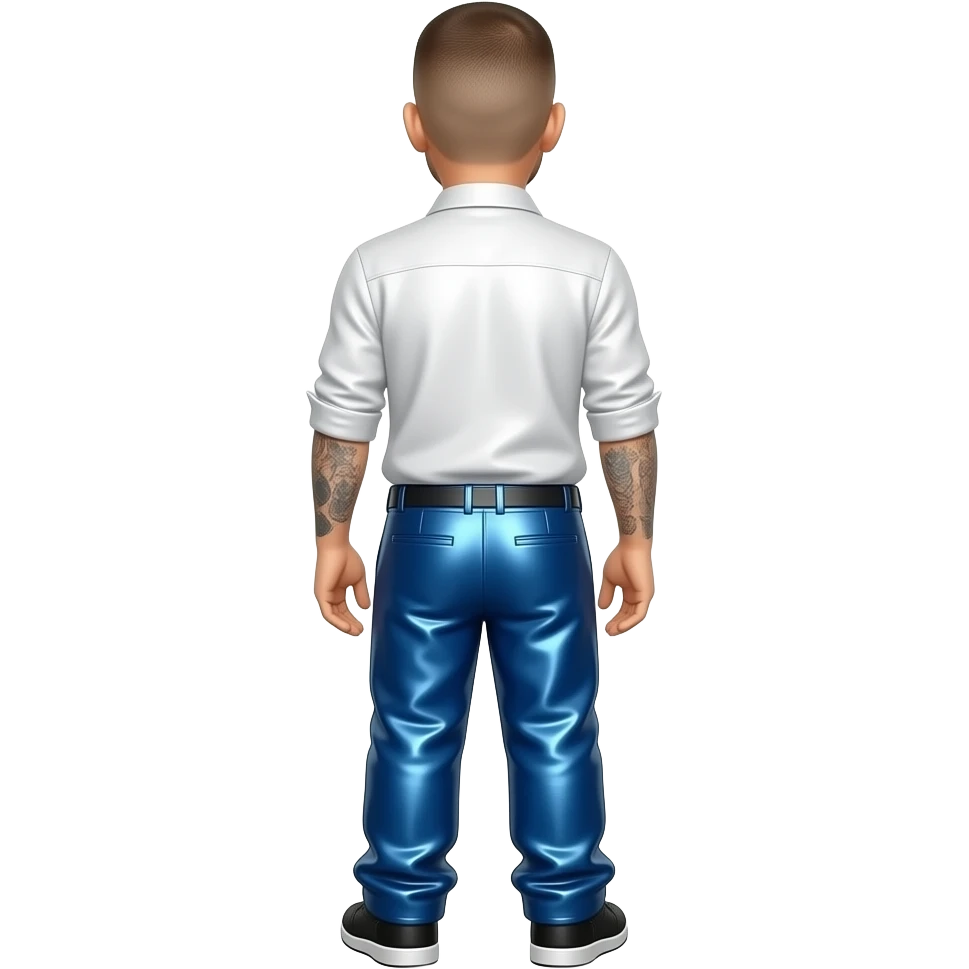 Eminem from behind with buzz cut hair, white metallic shirt, azure metallic faux loose pants emoji