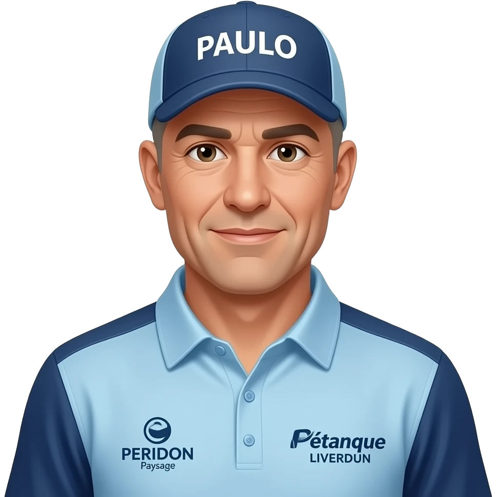homme 60 ans rasé totalement sous casquette "PAULO" maillot col 3 boutons bleu clair épaules bleu clair manches bleu foncé "Pétanque LIVERDUN" côté droit, "PERIDON Paysage" côté gauche emoji