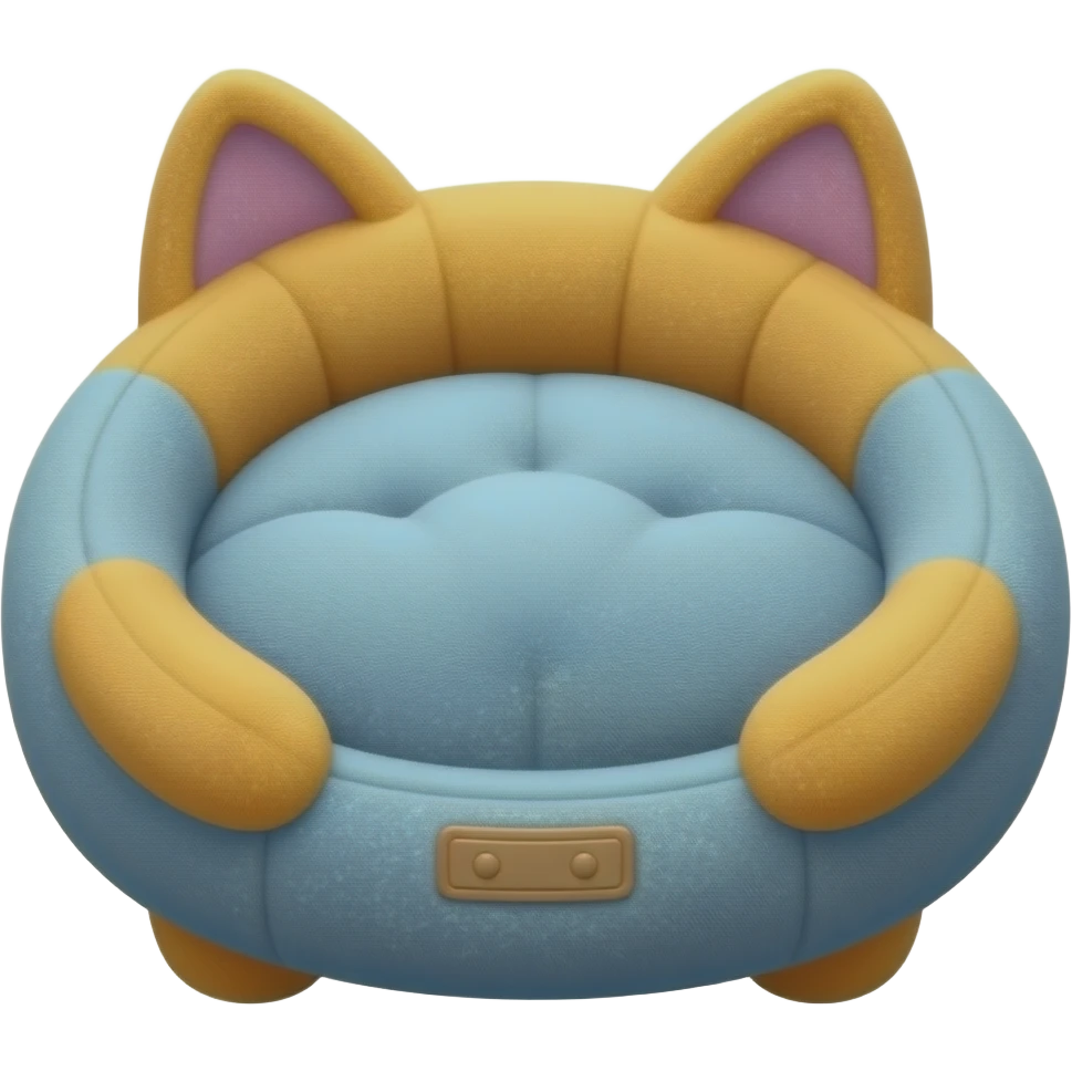 Create a cute polished 3D game icon of a cozy cat bed. Soft round cushion shape with raised edges, colorful, plush fabric texture, rounded details, gentle shadow. Empty bed only, no cat, no animal, no character, no face, transparent background, no text. emoji