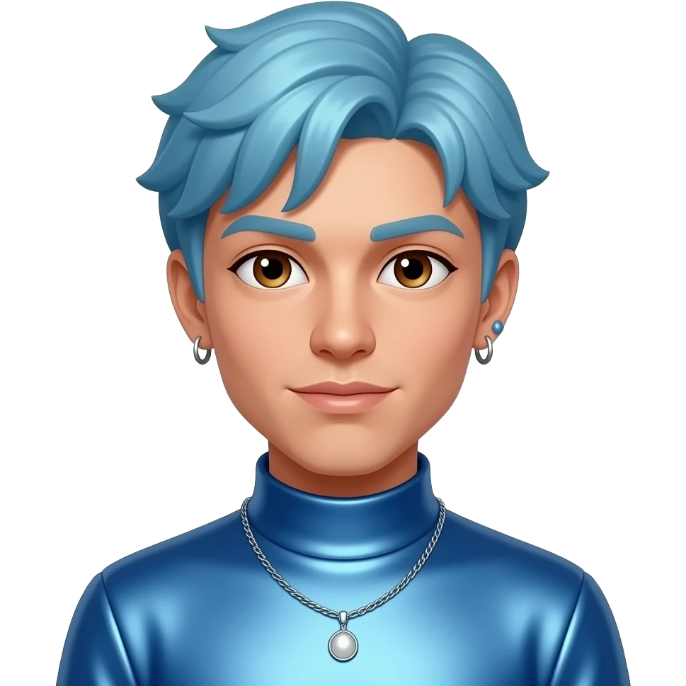 Rauw Alejandro with brown eyes, periwinkle blue hair, blue metallic high neck shirt, necklace and earrings emoji