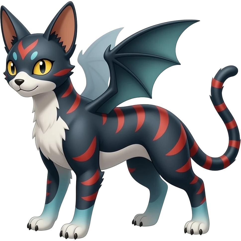 Realistic Digitigrade quadrupedal gothic cool edgy cute midnight scaly blue-gray-black, with red markings, white belly, scaley Bastet-Salandit-Absol-Umbreon-Litten-Noibat-Digimon-Fakémon-Pokémon-creature (full body), with bat wings as ears emoji