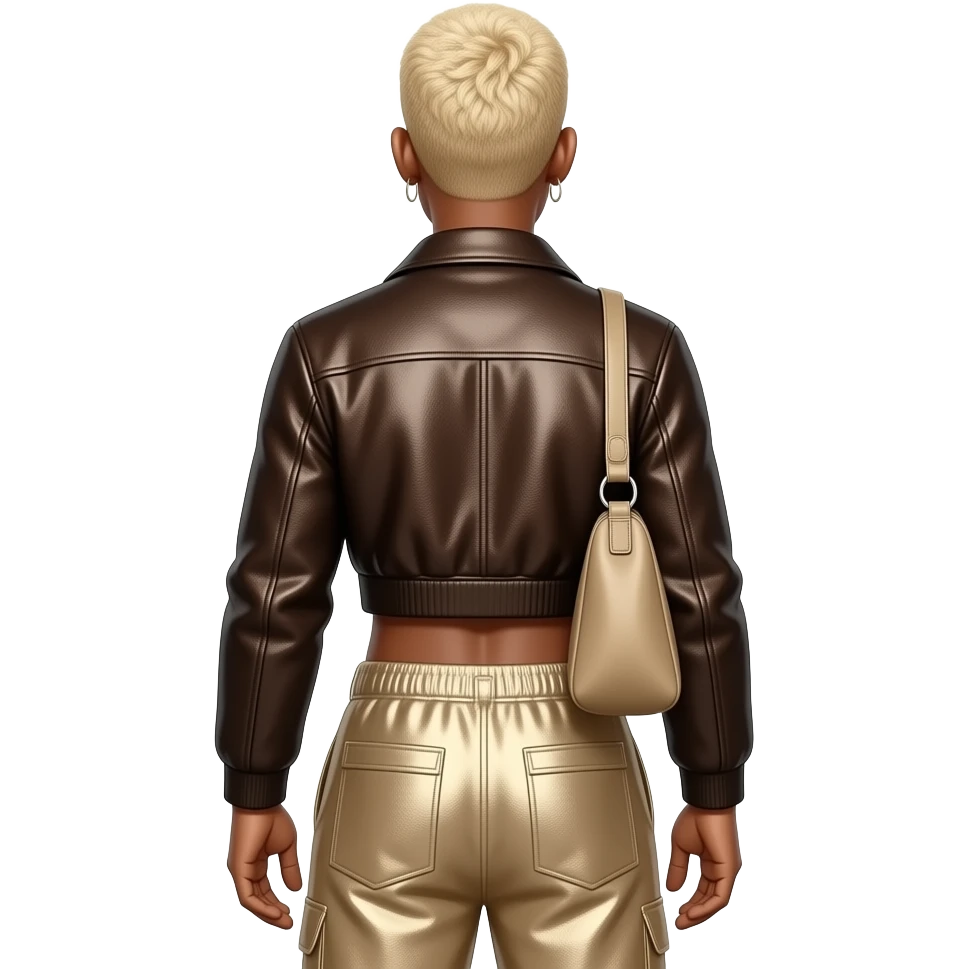 Chris Brown from behind with blonde hair, dark brown metallic jacket crop top, tan metallic baggy joggers emoji