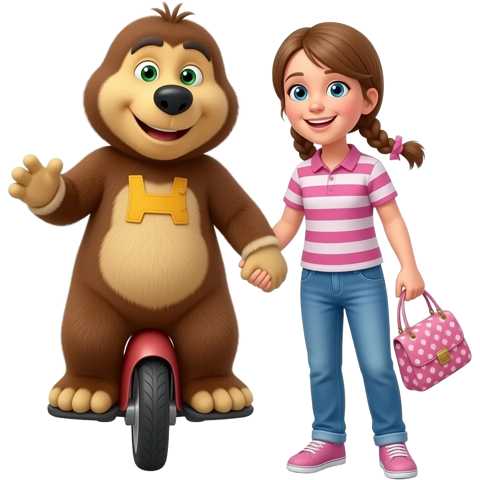 чебурашка  и гена едут на  моноколисе с девочкой в руках emoji