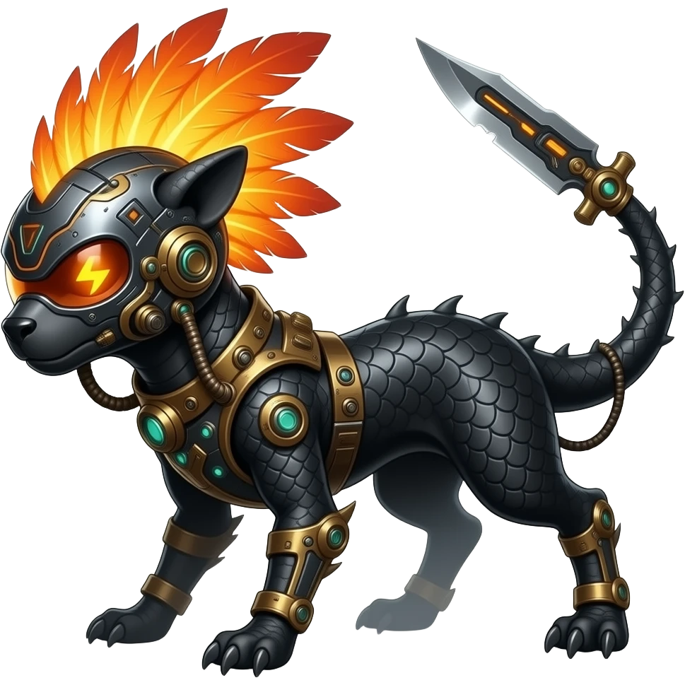 Cool edgy fiery bipedal scaly cybernetic electrical visor-helmeted, Circuitry-patterned black-scaled digitigrade futuristic fantasy-Cyberpunk-Steampunk-Solarpunk-Genesect-Cyclizar-Salazzle-Protogen-Fakémon-animal-hybrid, with neon feather-mane, and a tail blade, back spikes emoji