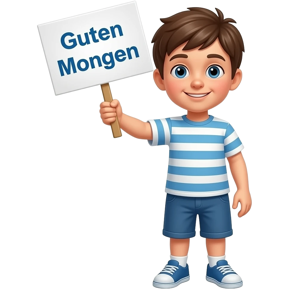 Junge hält Schild mit dem Text hoch Guten Morgen auf Deutsch emoji