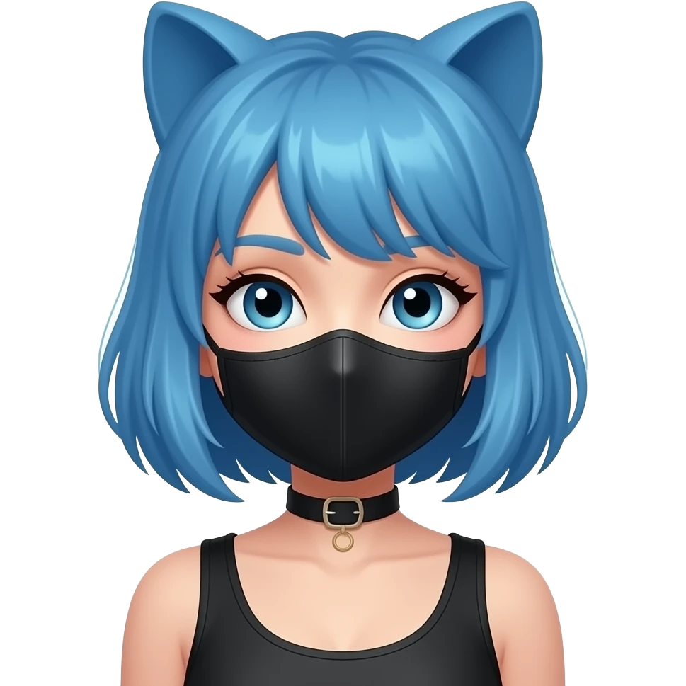 Una chica hermosa con orejas de gato y cola de gato con pelo azul y una máscara de tela negra que solo le tapen los ojos emoji
