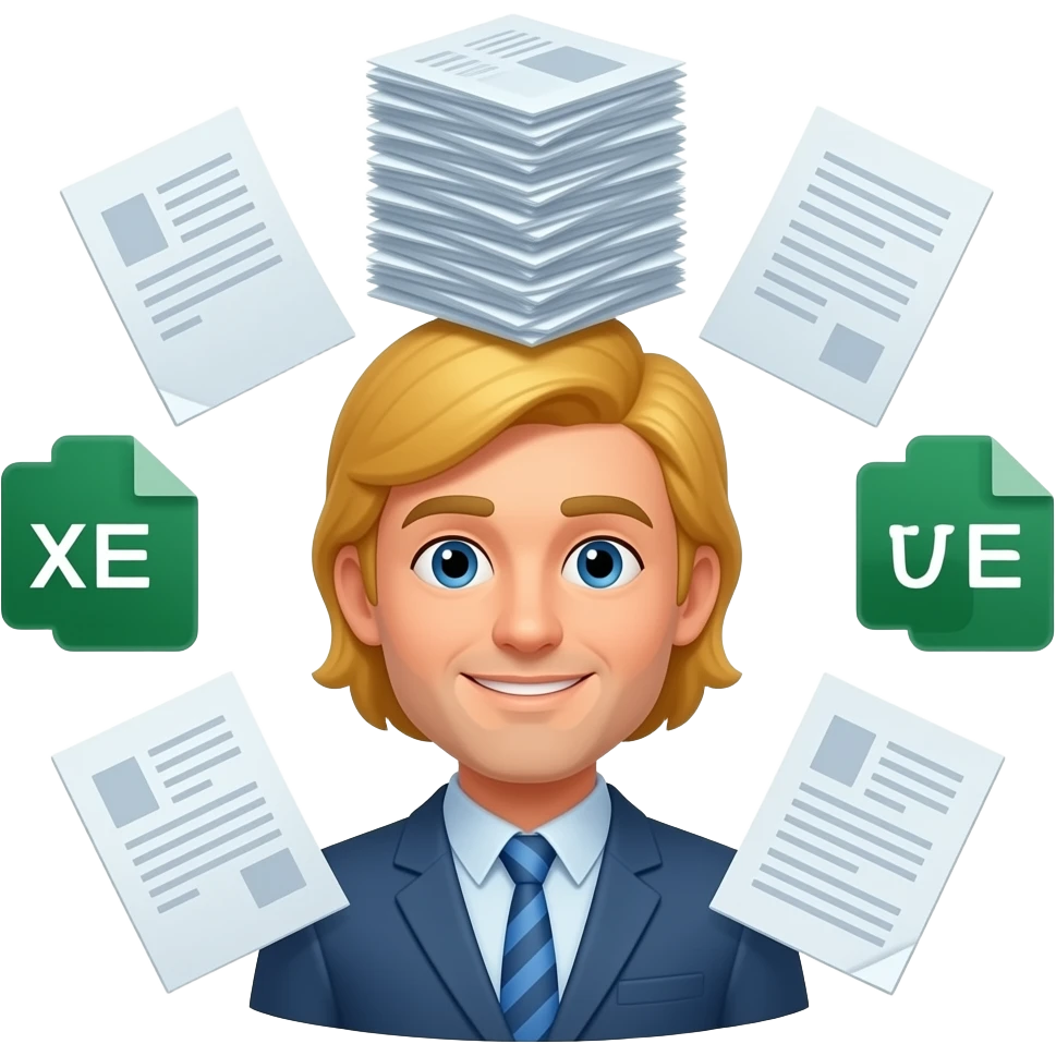 master data specialist with exactly .xls .csv .xml sheets and docs around his head , blond long hair emoji