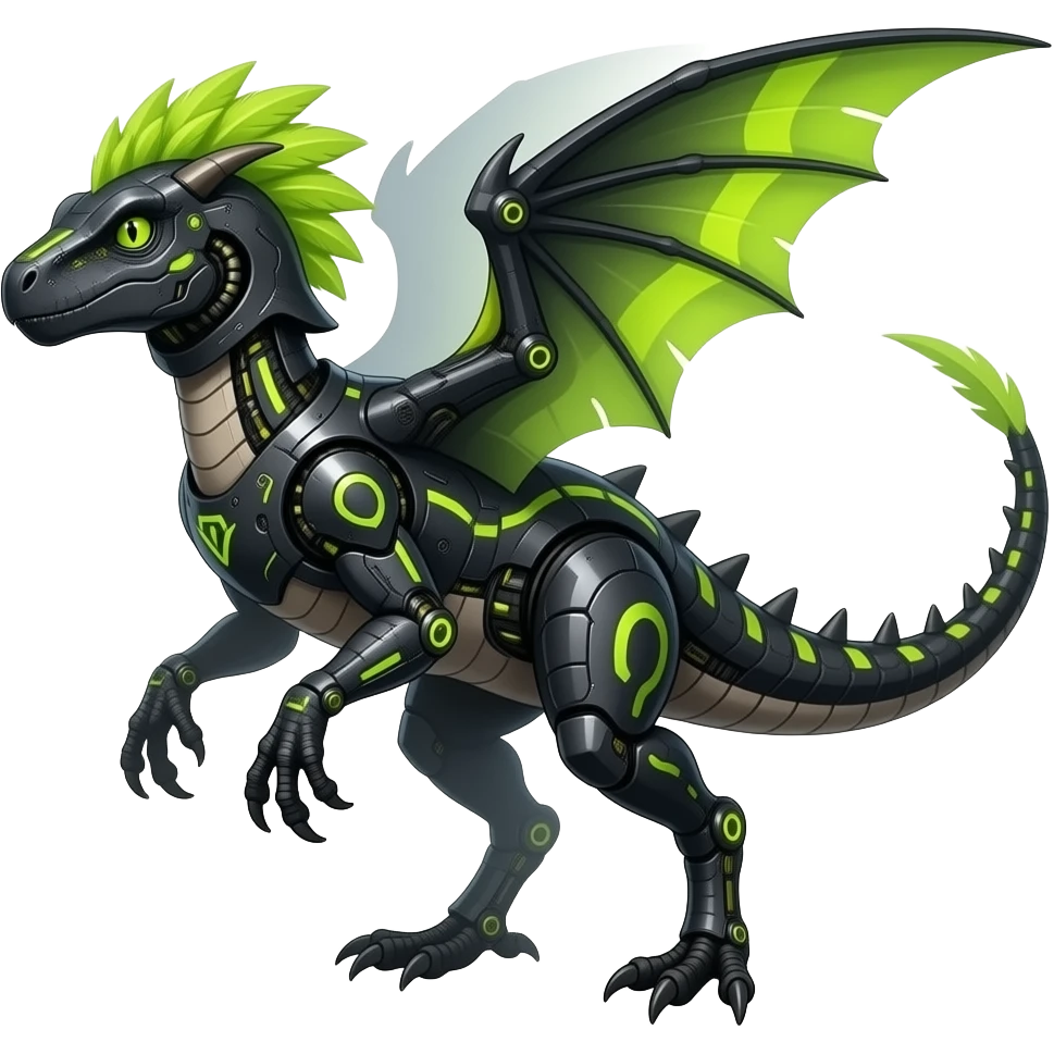 Cool edgy ancient black-scaled with neon-colored stripe markings digitigrade bipedal vintage futuristic raptorik fantasy-Cyberpunk-Steampunk-Solarpunk-Genesect-Salamence-Cyclizar-Salazzle-Feraligatr-Fakémon-animal-hybrid, with neon feather-mane, and a tail blade, back spikes, full body emoji