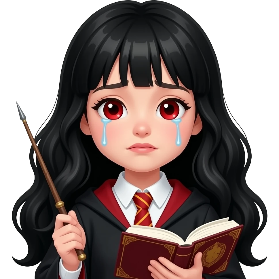 Create red ruby long blackhair girl holding a  wand and book crying emoji