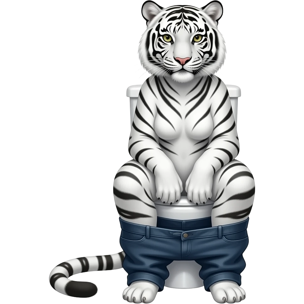 Female white tiger furry person woman sitting on toilet down pants to floor,foot veiw emoji