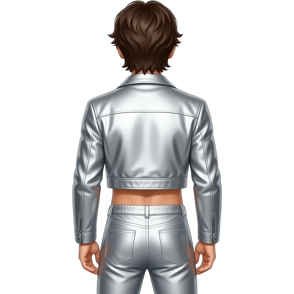 Maurice Gibb from behind medium dark brown hair, silver metallic jacket crop top, silver metallic baggy pants, shirtless emoji