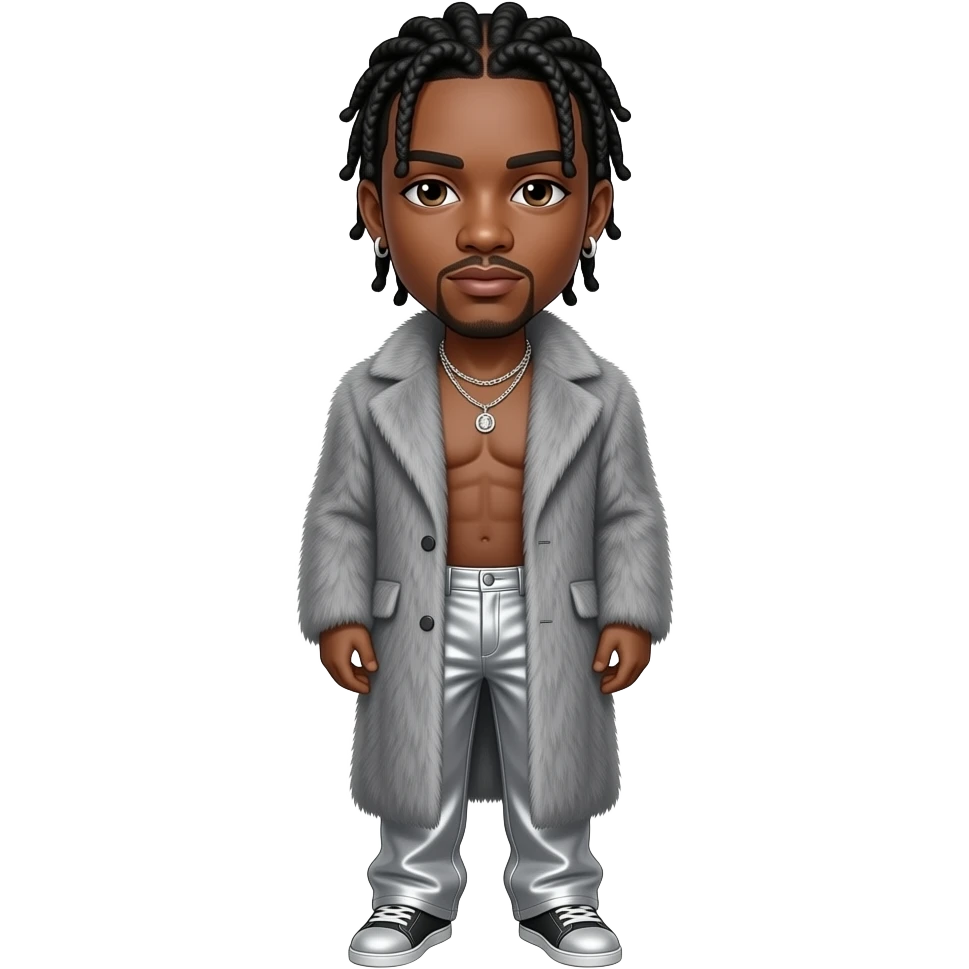 Josh Levi, R&B Singer with dark brown eyes,  black cornrows, gray fur coat, silver chrome baggy pants, shirtless with necklace and earrings emoji