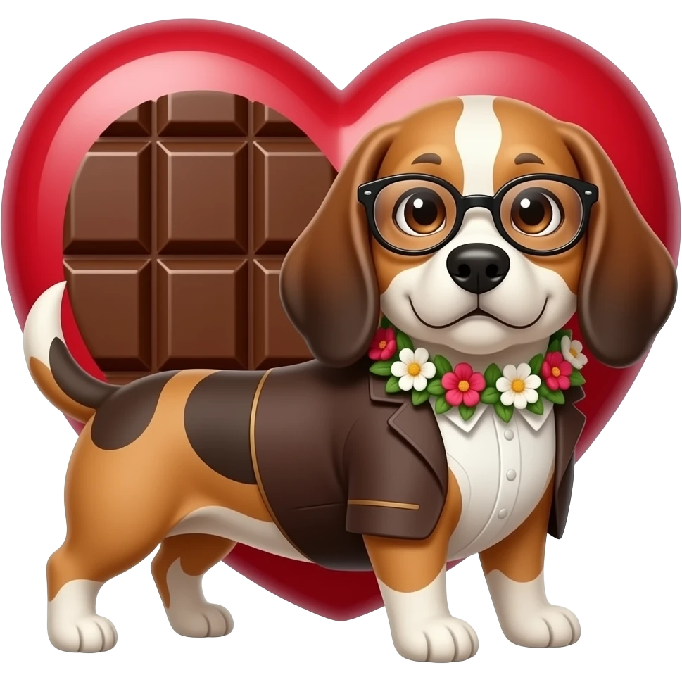 Un perro con lentes ropa elegante y que tenga flores en la buca un corazón lleno de chocolate emoji