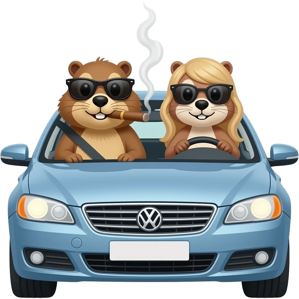 Marmotte au volant de voiture avec cigare et lunette de soleil et une autre marmotte tres fine blonde fashion à côté dans la voiture aussi avec lunette emoji