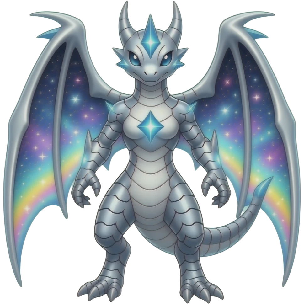 Shiny Futuristic Celestial Fakemon-Pokemon-Digimon-Spectrobes-Raptor-Noivern-fusion, full body emoji