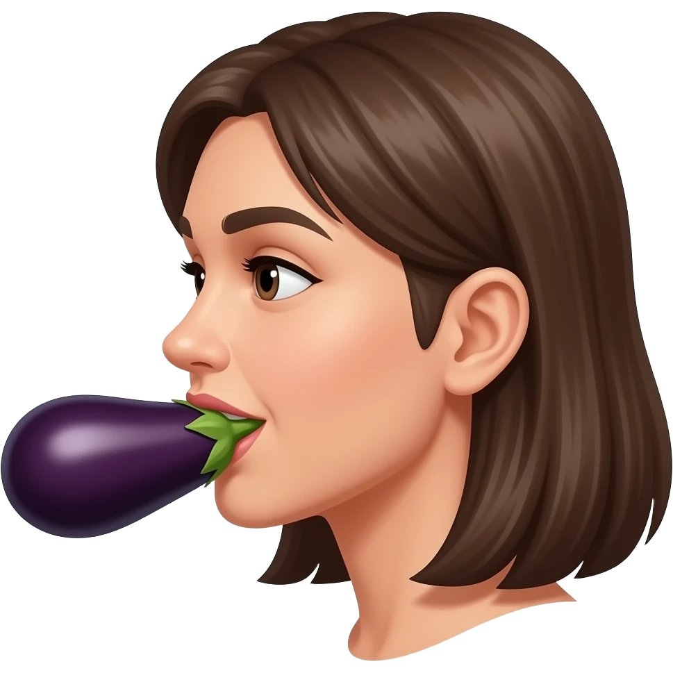 Side view Woman with an eggplant in her mouth emoji
