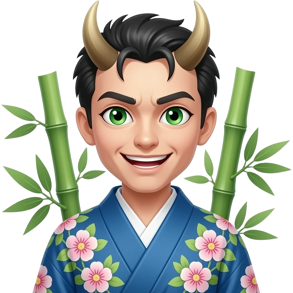 Que se parezcan en suco de Demon el de ayer pero con los ojos verdes el bambú grueso la boca el kimono azul y flores color pastel emoji