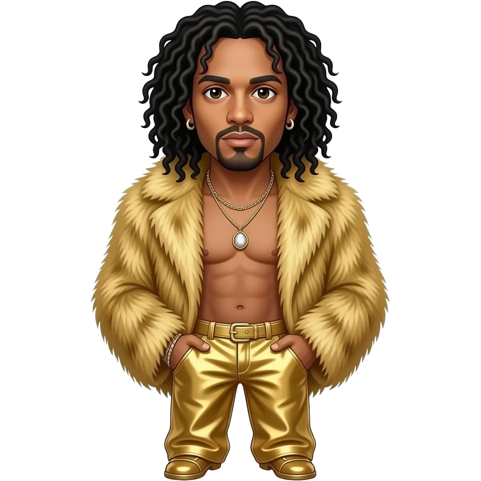 Lenny Kravitz with dark brown eyes, long black hair, gold fur shawl, gold metallic baggy pants, shirtless with necklace and earrings emoji