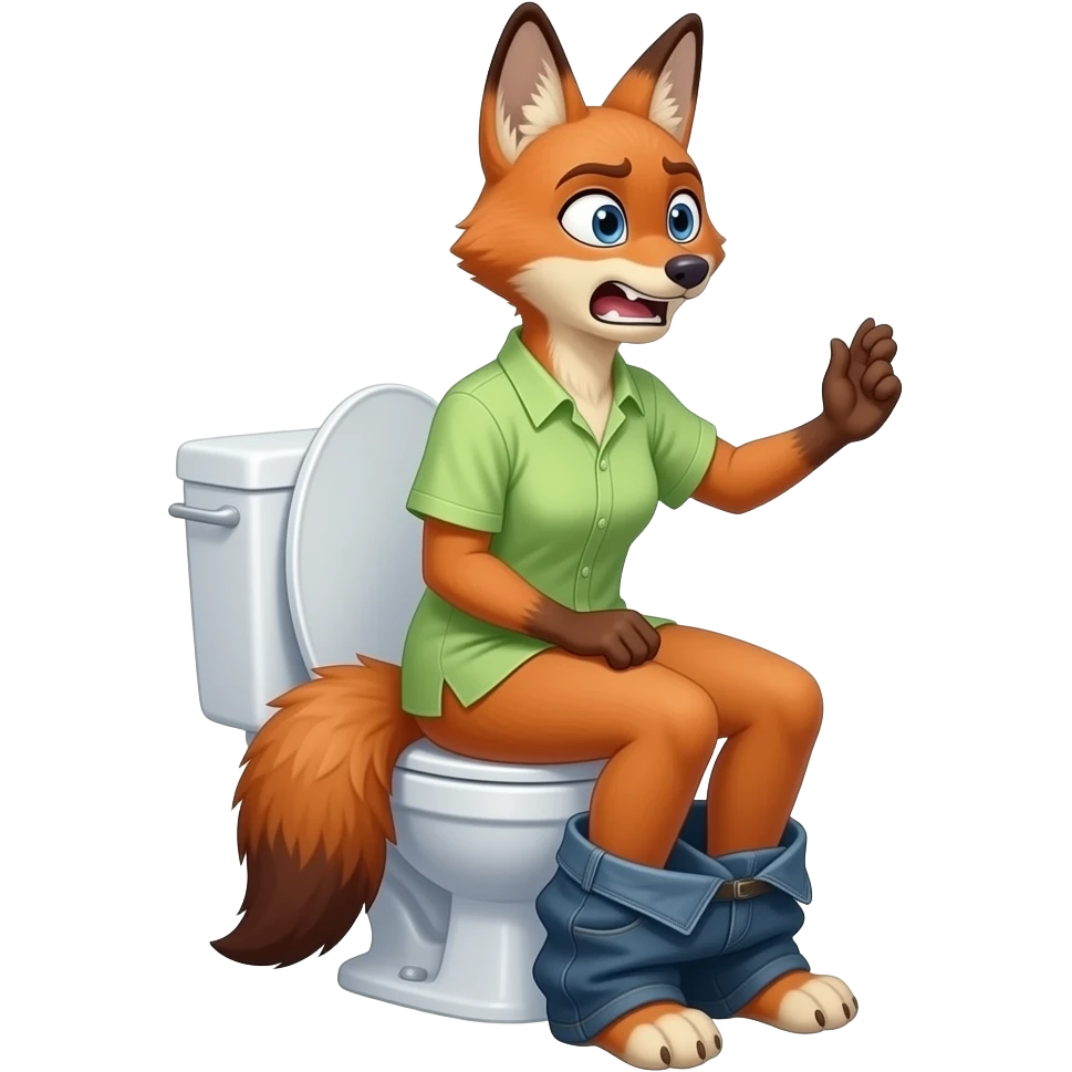Female jackel furry person woman pants down shirt on,sit on toilet,grunting,hands on wall, fursona emoji